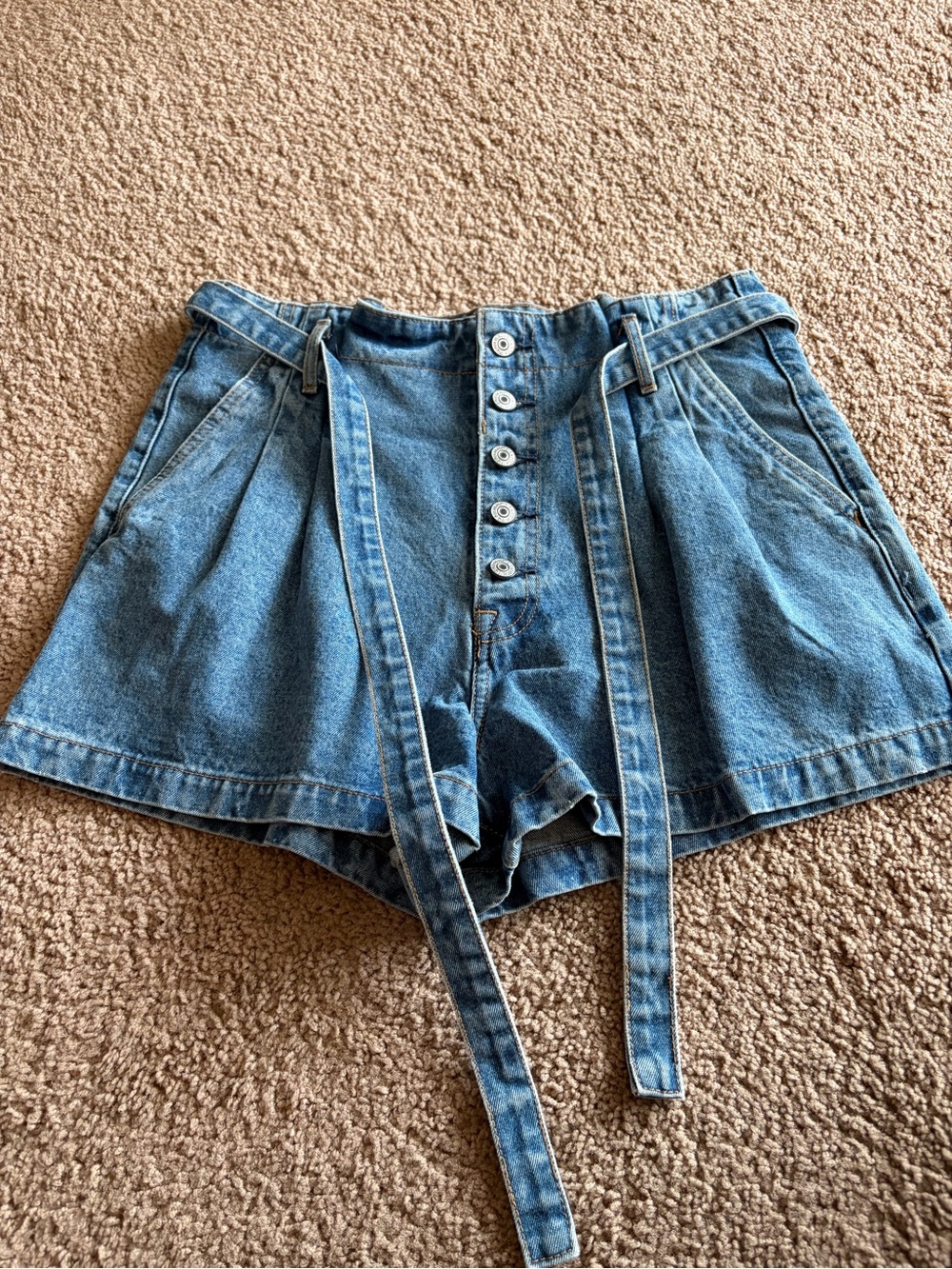 Abercrombie High-Waist Light Blue Denim Belted Shorts
